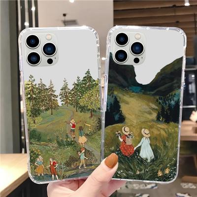 Cartoon CountrysideScenery Girl Phone Case For iPhone 15 12 Mini 13 14 Pro XS Max X 11pro Max SE XR Transparent Shell