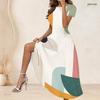 Women Plus Size Round Neck Short Sleeve Grey Black Printed A Line Long Dress