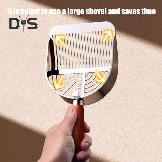 Katzenstreuschaufel aus Metall mit Halter, Haustierkotschaufel mit ergonomischem Holzgriff, schnelle Siebschaufel, Katzenbedarf