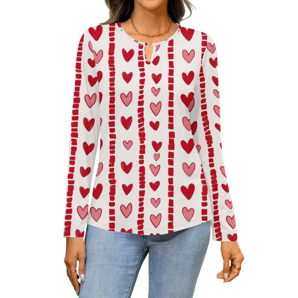 Damen Casual Rundhals Aushöhlung Langarm Valentinstag Herz-Print T-Shirt Top