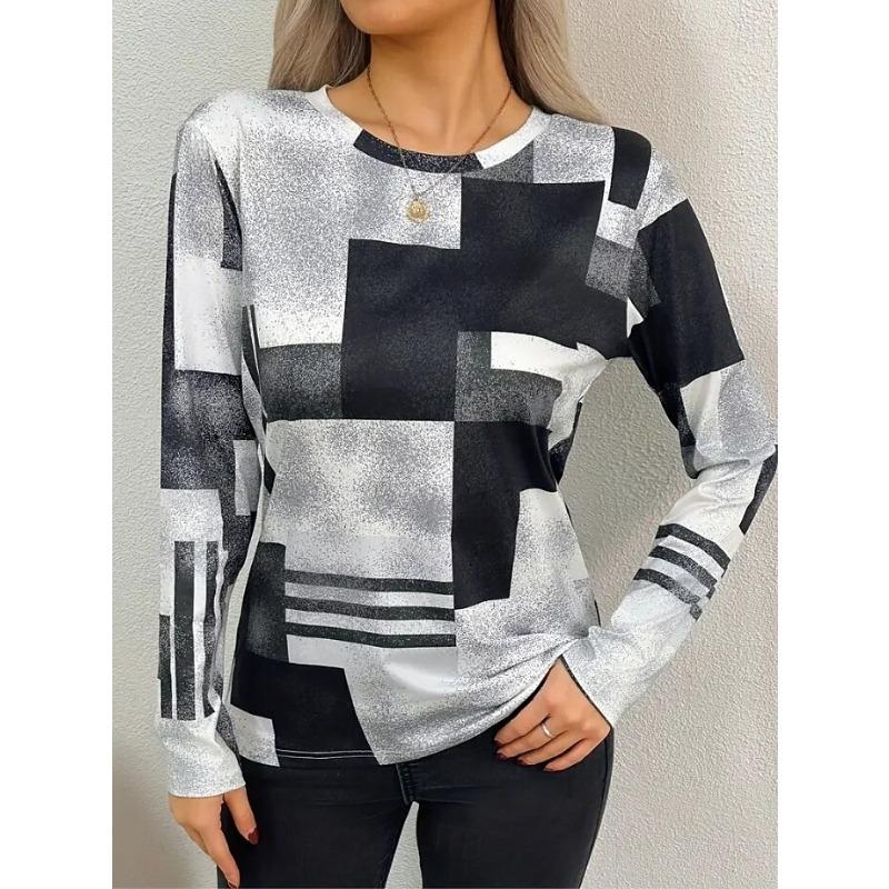 

Женская футболка квадратный принт пэчворк винтажная стильная с длинным рукавом круглый вырез обычные топы на каждый день для выхода в свет на выходные принт весна 5XL