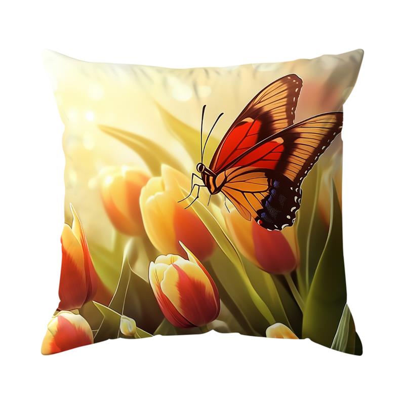 1Pc Butterfly And Tulips Pillow Cover For Home Living Room Bedroom Sofa Office Decorative Pillowcase Soft Throw Pillows 45X45Cm