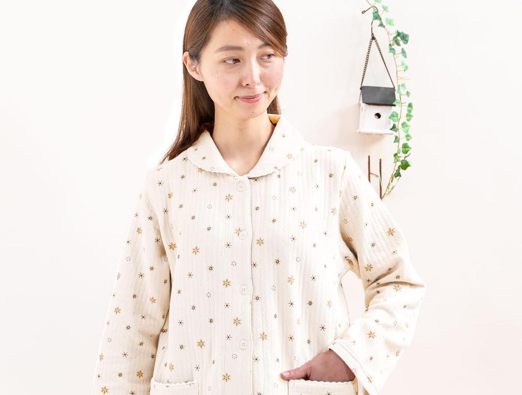 Eye Pajamas with a Crystal Pattern and Cotton Quilted Knit Perfect for 40010 K's Women's Long-Sleeved, Open-Front 100% Fill, Winter, (S, Ivory)