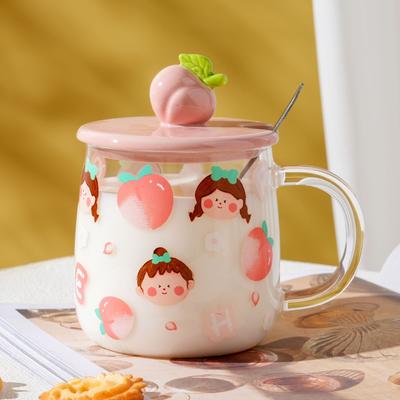 Tazza di Vetro Ragazza Regalo Piccolo Pesca con Coperchio Cucchiaio Alto Borosilicato Ufficio Cartone Animato Carino Tazza d'Acqua Tazza Personalità Creativa