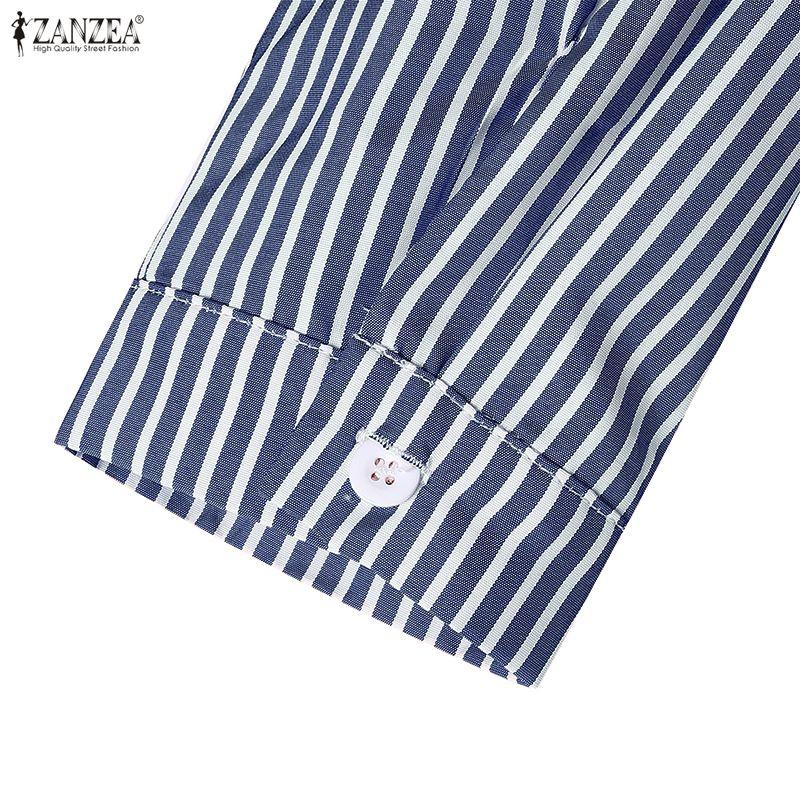 ZANZEA Women Casual Turn Down Collar Long Sleeve Loose Stripe Shirt Dress