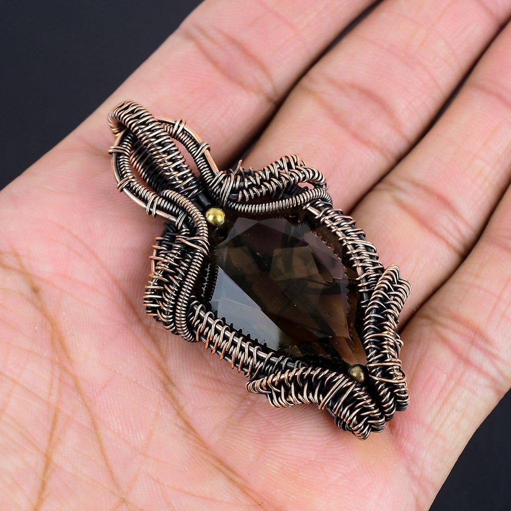 Smoky Topaz Jewelry, Handmade Gemstone Pendant, 999 Copper Wire Wrapped Pendant Antique Jewelry, For Engagement Gift