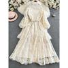 French style Elegant Water Soluble Flower Hollow Embroidery Dress Pettiskirt Lace Waist Hugging Temperament Fairy Holiday Style Long dress