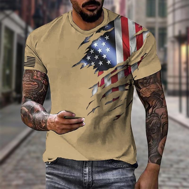 

Men s Khaki USA Flag Ripped Print Short Sleeve Summer T Shirt S