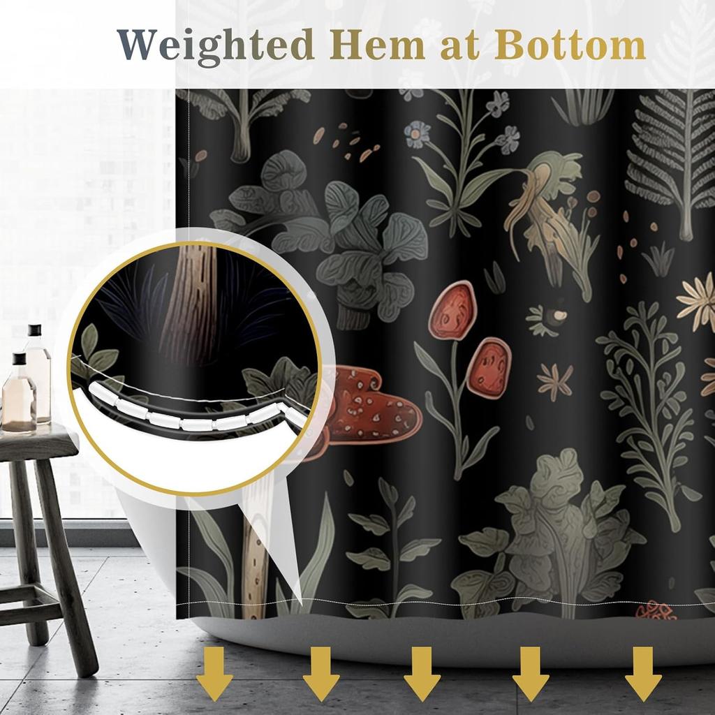 Aimego Mushroom Boho Shower Curtains - Vintage Floral Plants Retro Flowers Bohemian Fairy Nature Botanical Bath Shower Curtain