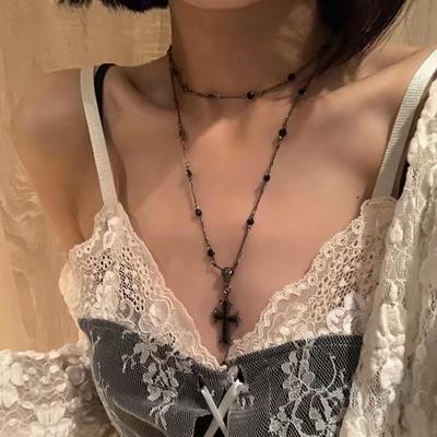 Choker Black Cross Necklace Women'S Summer Long Double Stacked Accessories High-End Sweet Cool Babes Collarbone Chain