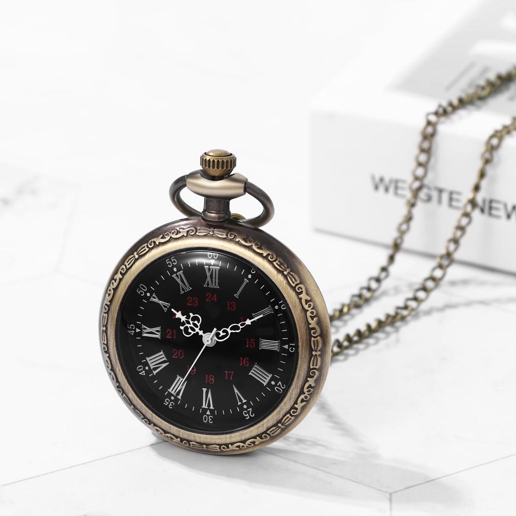 Roman Analog Antique Pocket Retro Bronze Pendant Watch with Keychain and Chain Necklace Perfect Gift for and Christmas Men's Watch - Birthdays,