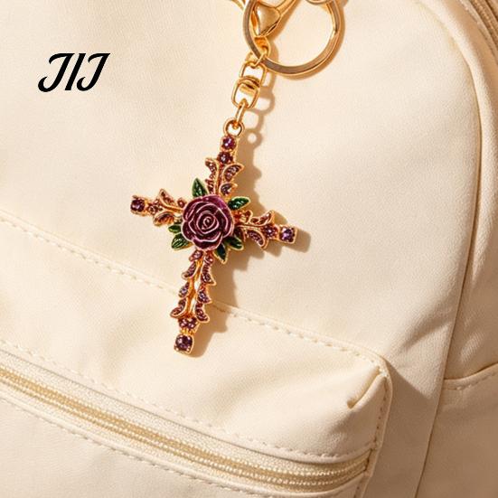 Zinc Alloy Keychain Retro Rhinestone Rose Keychain, Golden Plated Key Ring for Purse Charm Men Women, Pendant Handbags Backpacks Decoration