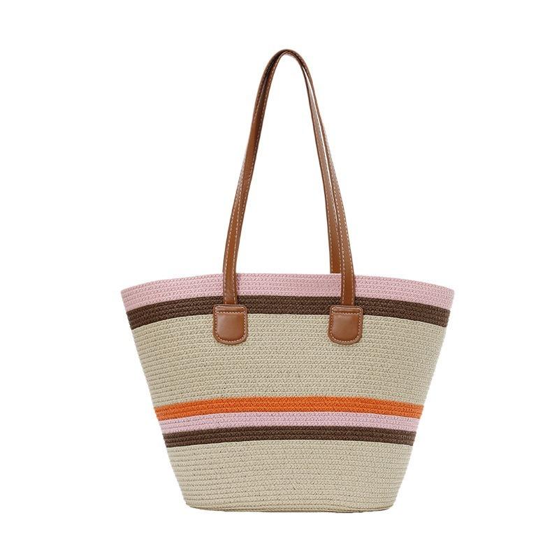 Damen Große Kapazität Gewebte Eimer Tasche Einzelne Schulter Handtasche Farbblock Mode Strandtasche