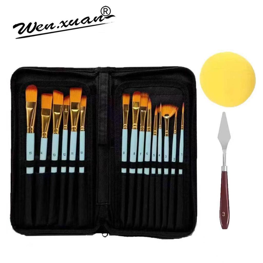 15-Piece Oil Painting Nylon Brush Set with Canvas Bag for Gouache & Watercolor
