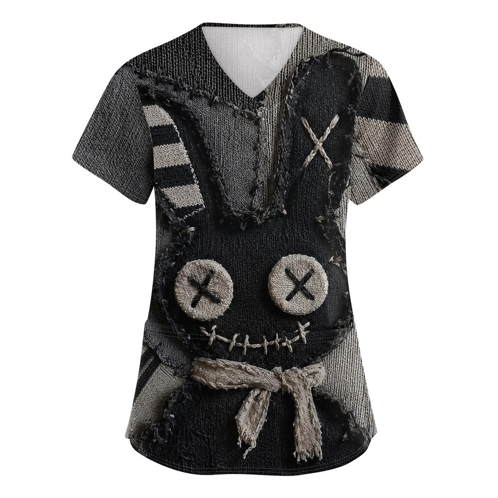 Women's Halloween Print Scrub Top – Short Sleeve V-Neck with Pocket and Side Slits for Professionals