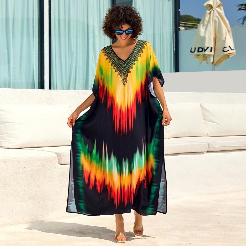 

Женская мода лето весна цвет блок принт рукава 1/2 V-образный вырез свободная талия повседневные платья Size: One Size