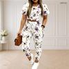 Women Plus Size White Printed Round Neck Short Sleeve Top Drawstring Cuffed Pants Two Piece Set
