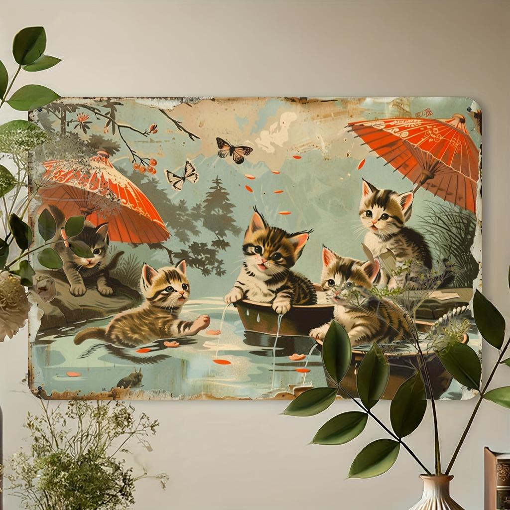 Cat Playing in Water Tin Sign x Vintage Animal Metal Wall Art Retro Iron Plaque for Home Room Bar Cafe Garage