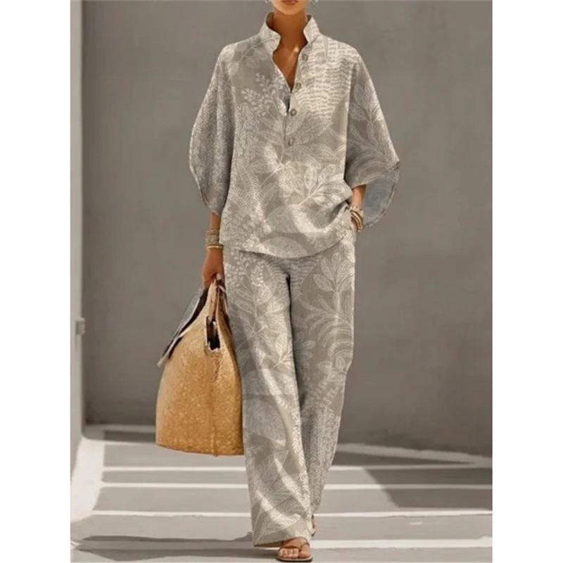 1116 New Women's Printed Two-piece Set Lazy Wind Loose Wide Leg Pants Set European and American Versatile Women