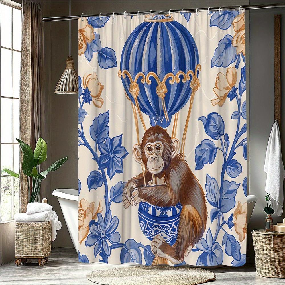 1Pc. Hot Air Balloon Animal Pattern Shower Curtain With Plant Background, Polyester Fabric, Includes 12 Hooks, 70. 8X70. 8 Inche