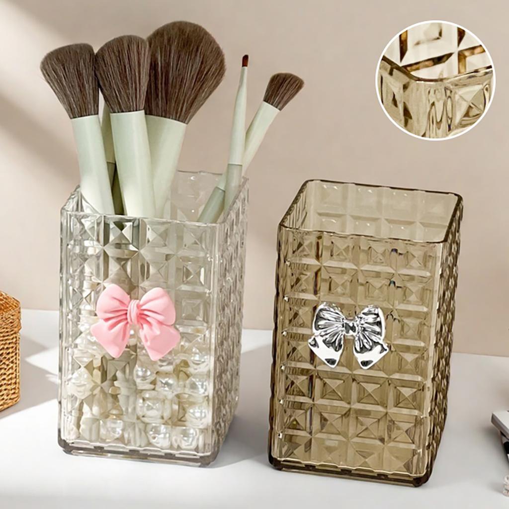Square Plastic Makeup Brush Holder Desktop Cosmetic Storage Box With Bow Lipstick Eyeliner Makeup Organizer Jewelry Display Case