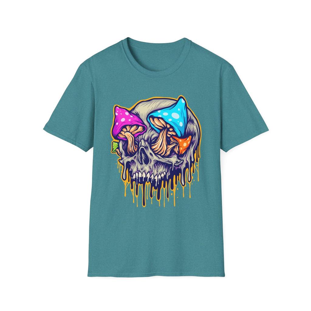 Pilzschädel T-Shirt | Psychedelischer tropfender Schädel mit bunten Pilzen