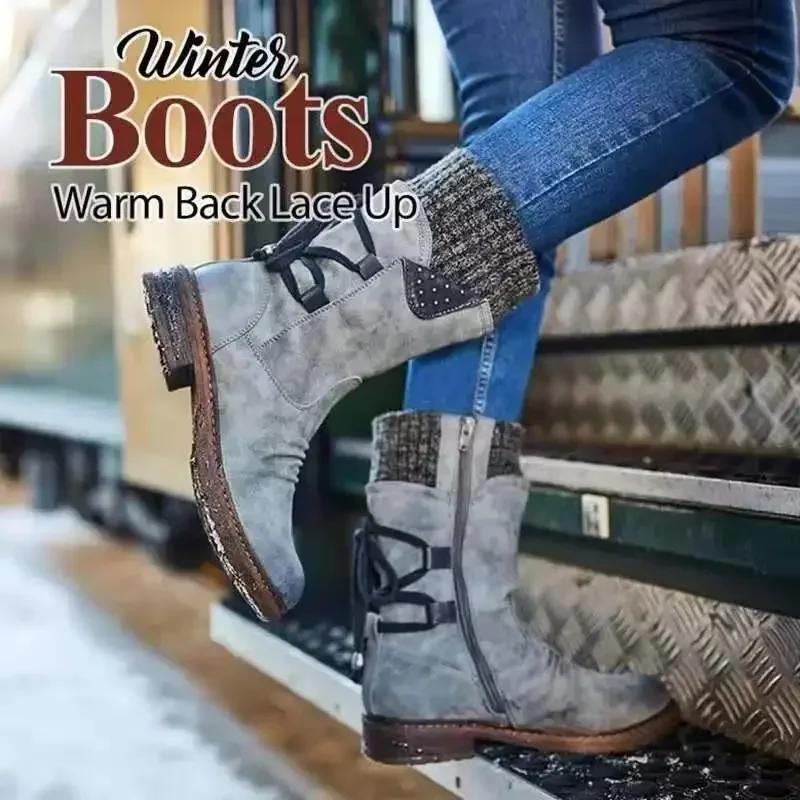 Mode Damen Retro Warme Wollstiefel Wintermode Schnürung Plateau Lässige Baumwollschuhe Flauschiges Plüsch Wildleder Kälteabweisende Kurze Schneestiefel