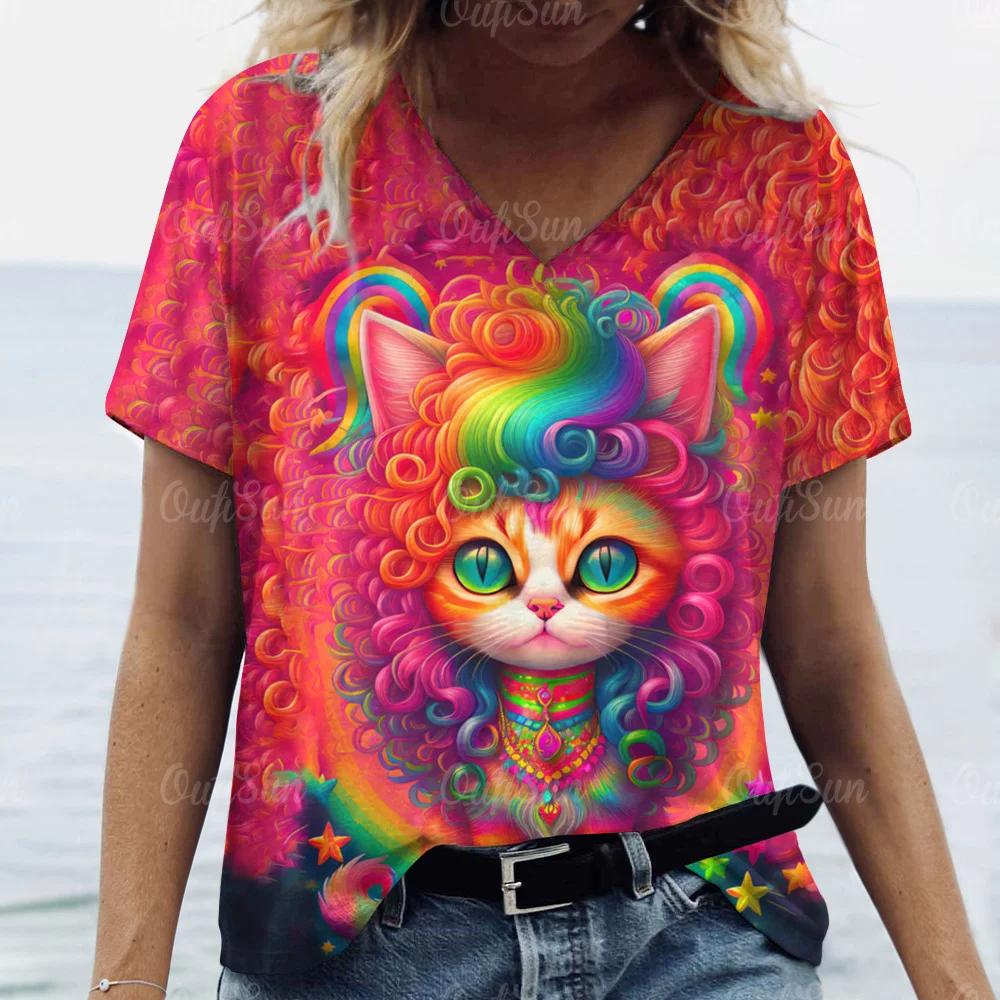 Letni Damski T-shirt Modny Wzór Kreskówkowy Kot Dekolt V Bluzki Koszulki Damska Codzienna Odzież z Krótkim Rękawem Damski Strój Vintage