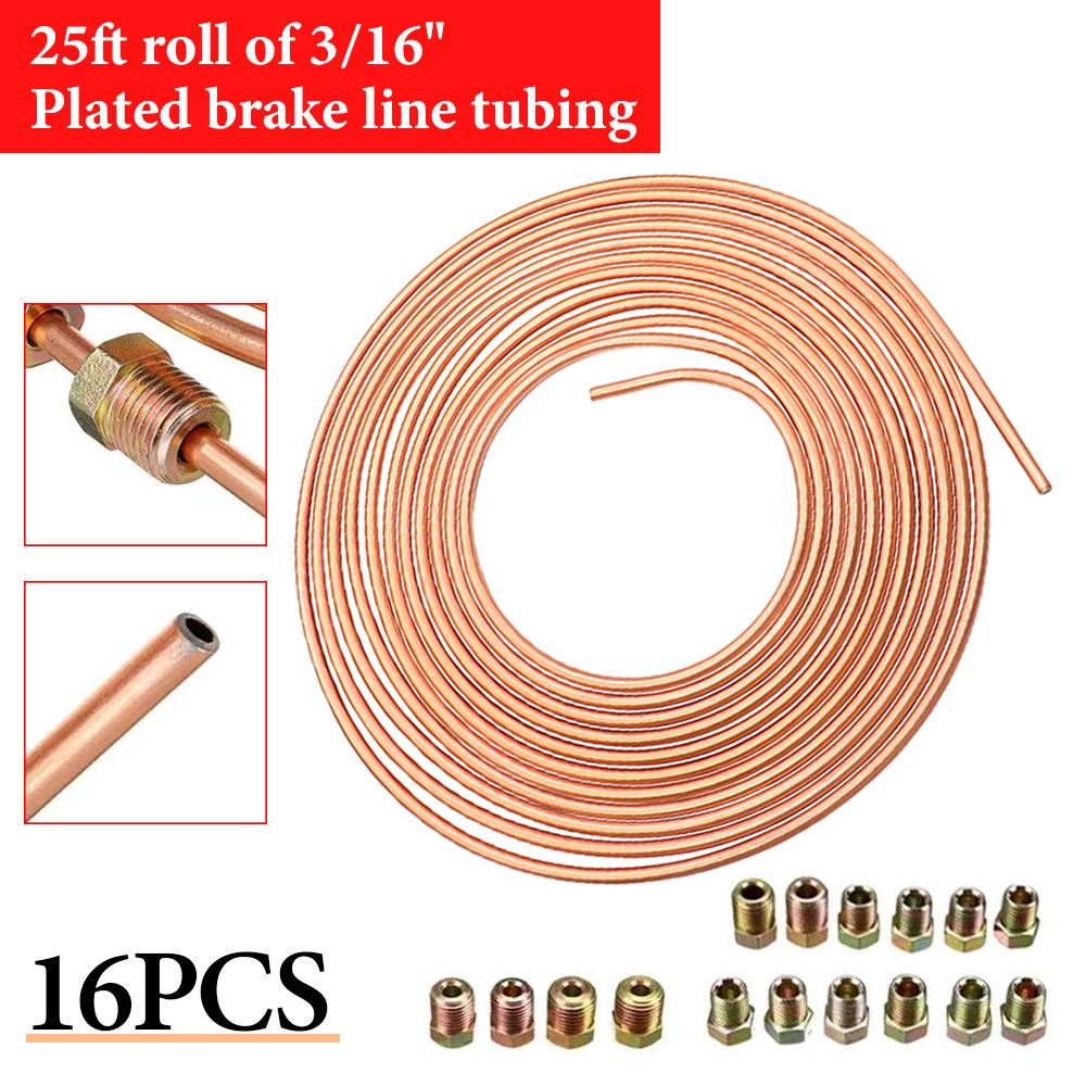 25ft Car Roll Tube Coil of 3/16" OD Copper Nickel Brake Pipe Hose Line Piping Tube Tubing Anti-rust With 16/20PCS Tube Nuts