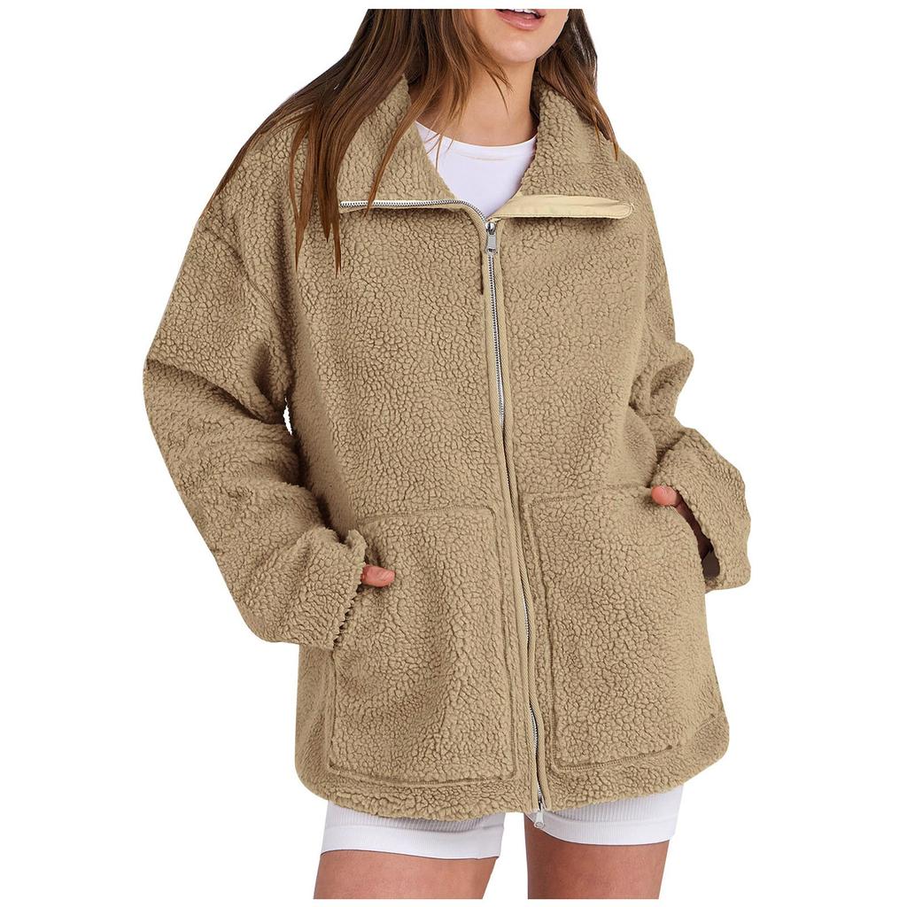 Women's solid color loose single breasted casual  pocket hoodie jacket