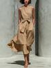 Women Sleeveless Round Neck Solid Color Midi Dress Casual Wrap Front Tie Waist Flounce Hem Vacation Dress