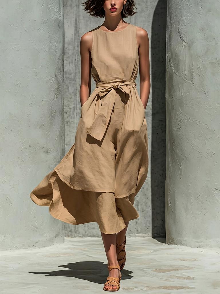 Women Sleeveless Round Neck Solid Color Midi Dress Casual Wrap Front Tie Waist Flounce Hem Vacation Dress