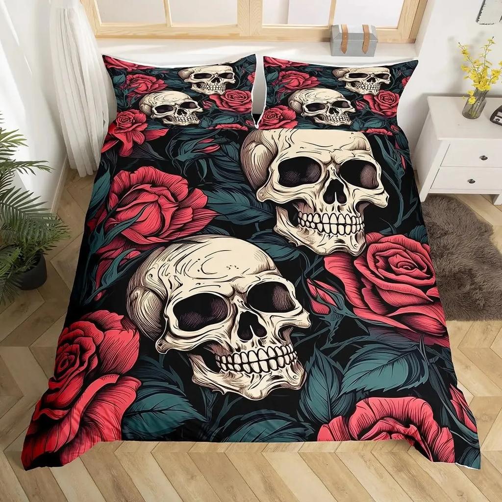Sugar Skull Lover Duvet Cover King Kissing Couple Skeleton Bedding Set Red Rose Comforter Cover Death And Love Theme Quilt Cover