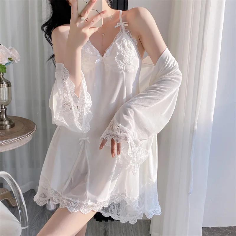 Jesienna Damska Bielizna Nocna Aksamitny 2-częściowy Zestaw Szlafroków Seksowna Czarna Koszulka Nocna na Ramiączkach Lounge Wear Lingerie Koronkowa Koszula Nocna Odzież Domowa