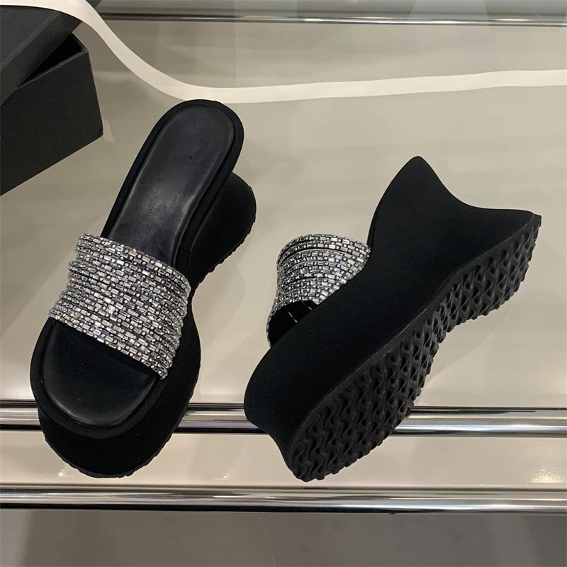 

Fashion Eilyken CRYSTAL Diamond Leopard Print Platform Wedges Women s Slippers Summer Open Toe High Heels Banquet Party Slide Shoes 35 чорний