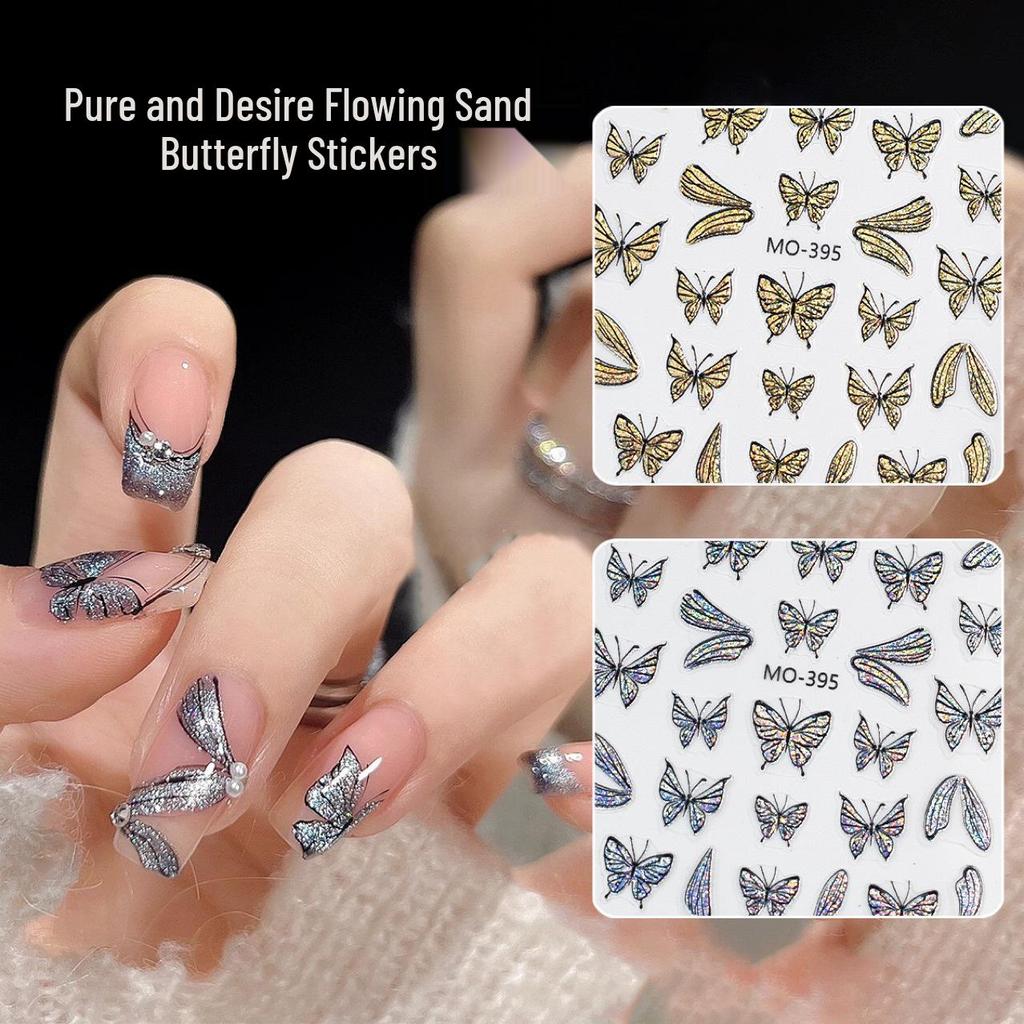 Xiaohongshu Best-Selling Butterfly Nail Stickers: Gold & Silver Cat Eye Quicksand Design.