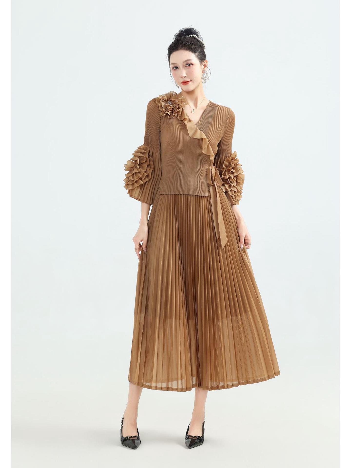 Miyake Plus Size Dress: Waist-cinching Ruffles, Beaded 3D Floral Pleats, Long Style One Size (40-100kg)