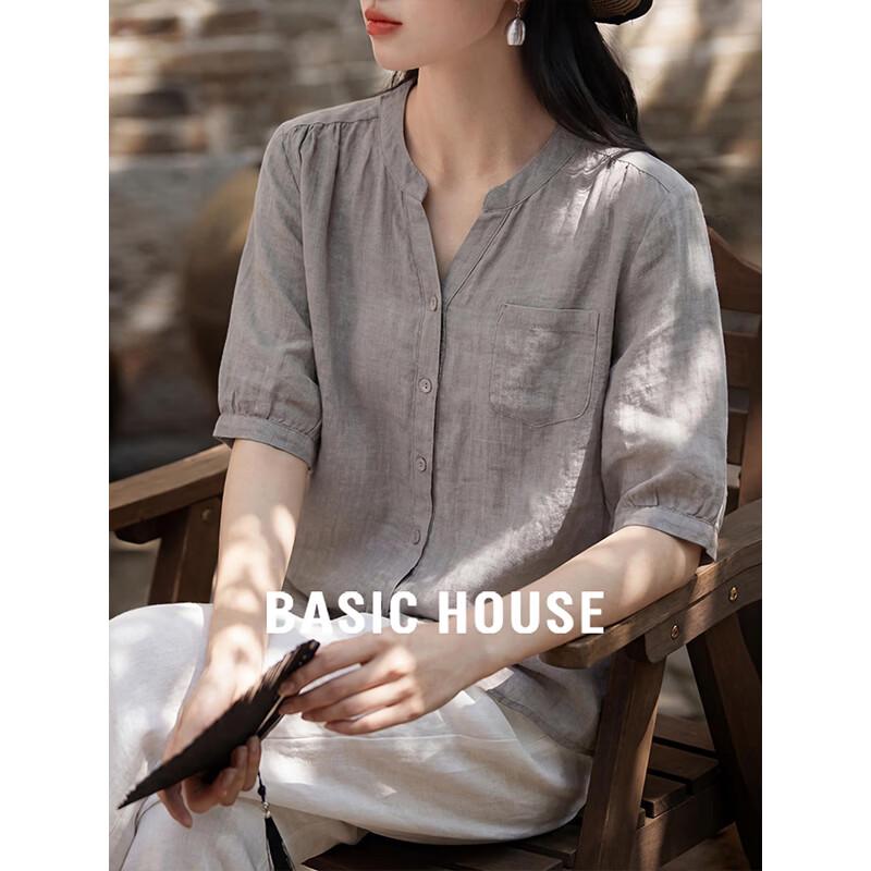 

Базовая женская винтажная серая рубашка Basic House с V-образным вырезом и коротким рукавом M