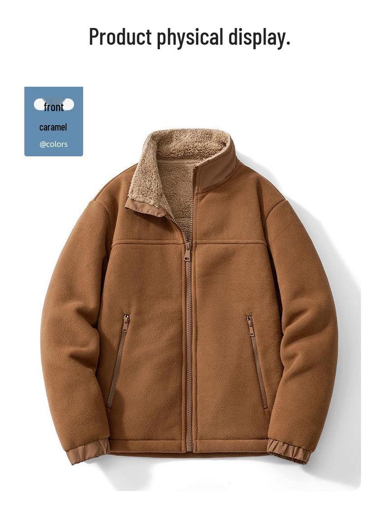 Men's Fleece-Lined Stand Collar Windbreaker - Warm Lambswool Inner Layer for Autumn and Winter