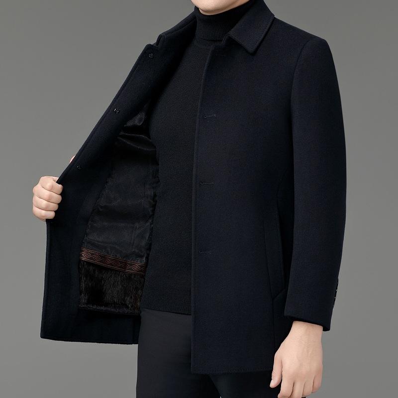 Double-sided woolen cashmere coat for men, medium-length, thickened daddy rex rabbit fur lining, middle-aged woolen woolen lapel coat
