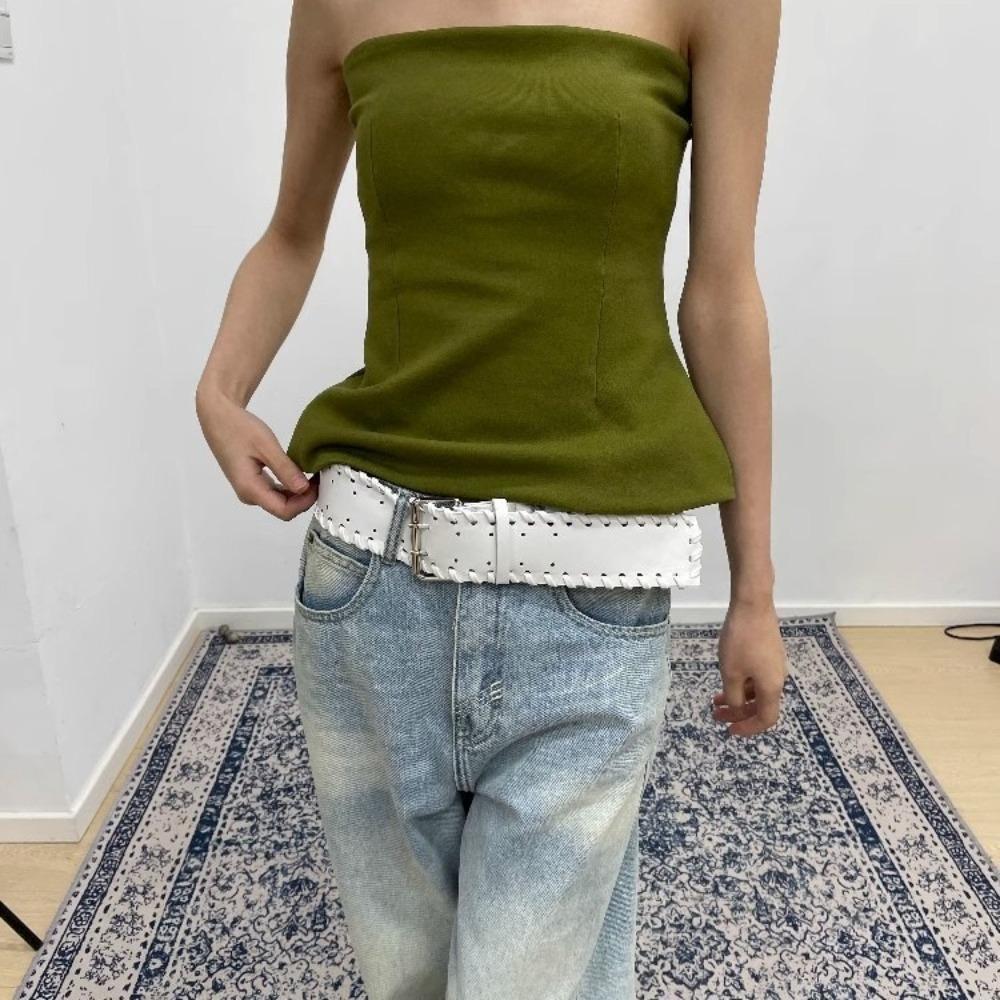 Y2k PU Leather Waistband Woven Western Cowboy Belt Fashion Women Wide Belt Spicy Girl