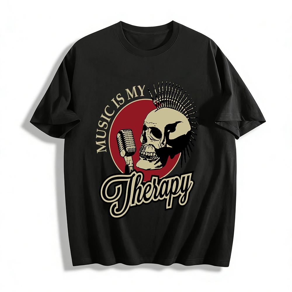 Music Is My Therapy Punk Skull Mic Print Cool Graphic Top Pure cotton T-shirt XXS