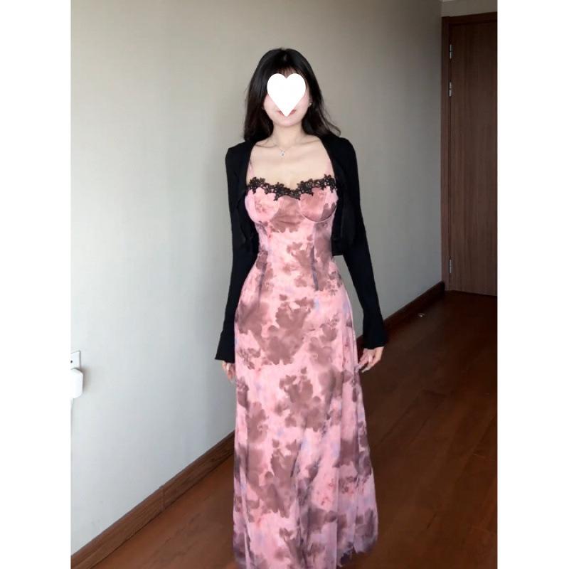 

Кружевной лоскутный комплект платья-майки тай-дай с кардиганом, подчеркивающим талию XL