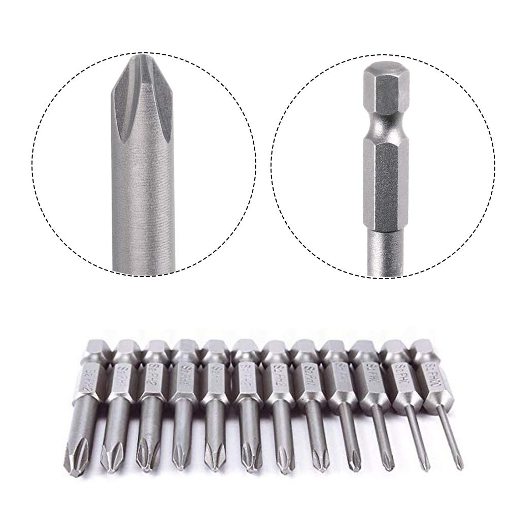 Saipor Magnetic Crosshead Driver Hex S2 Power Screwdriver Drill Bit Tool 12-Piece Bits, 6.35mm (1/4") Shank, Steel, Bits, (50mm)
