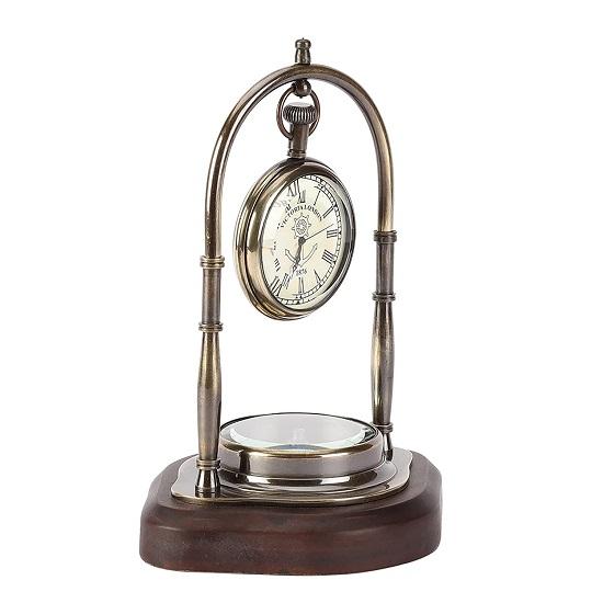 Antique Brass Nautical Vintage Style Table Clock with Wooden Base