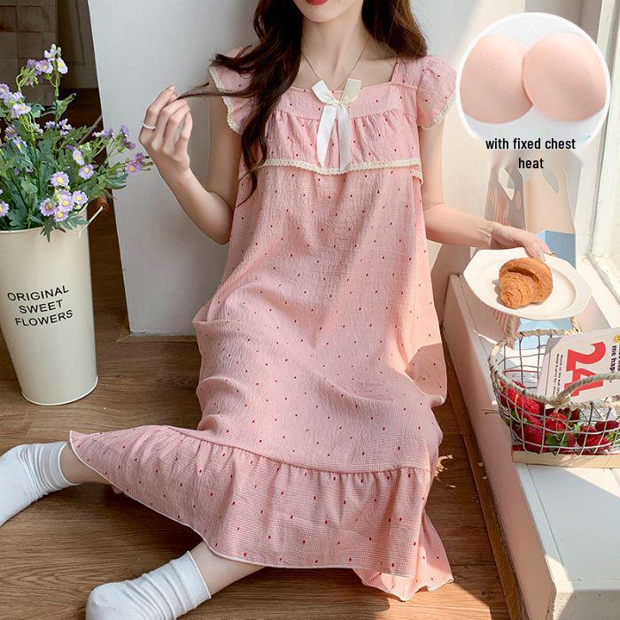 Women's Summer Woven Cotton Camisole Nightgown with Built-in Bra - Princess Style Loungewear & Outdoor Mid-Length Skirt
