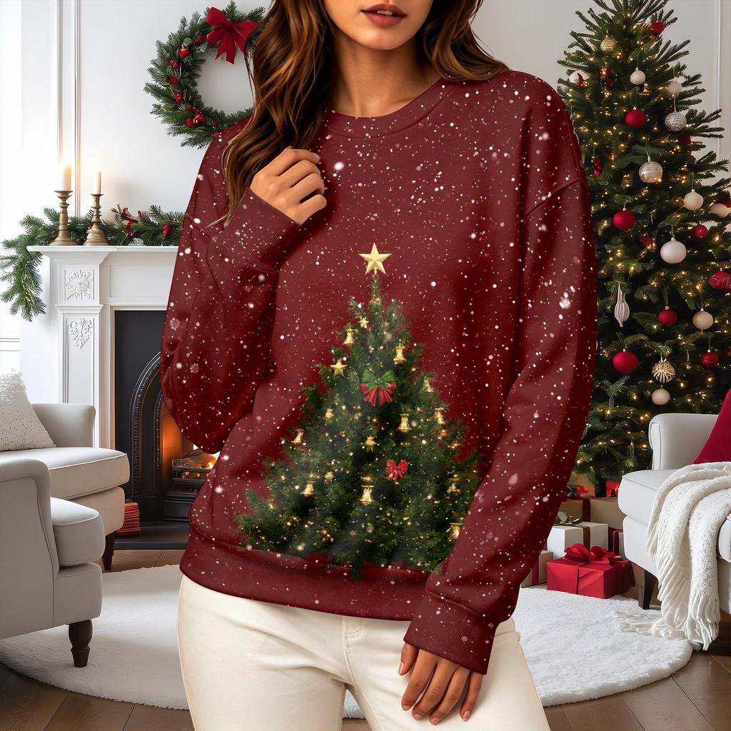 Women's Casual Long Sleeve Christmas Print Neck Pullover Sweatshirt Top