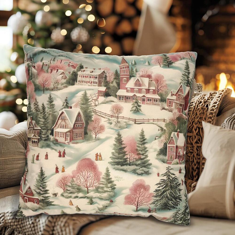 Pink Mint Green Christmas Pillow Vintage Style Christmas Village Pink Pillow Christmas Day Pillow Pink Decorative Gift