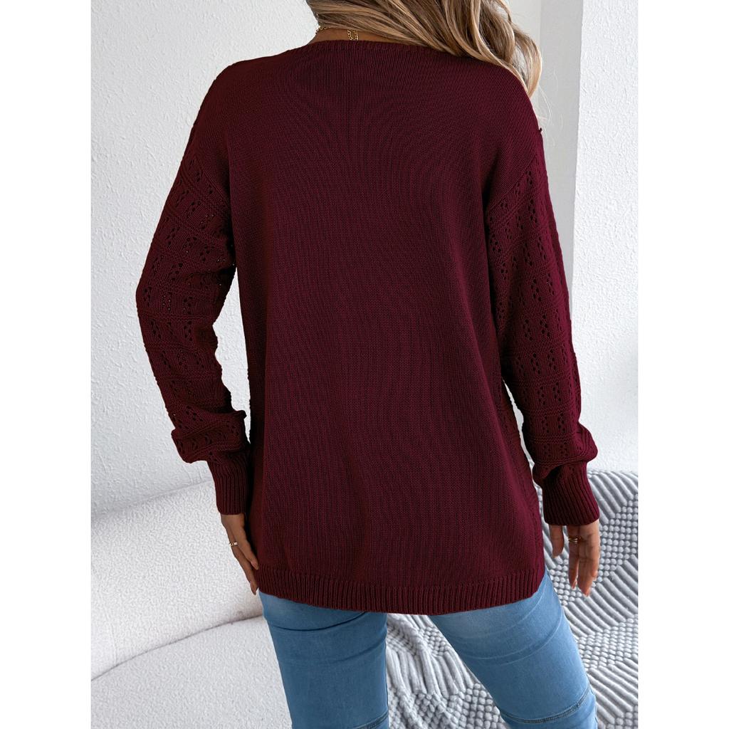 QICED Autumn and Winter Solid-color Hollowed-out Lantern Long-sleeved Cardigan Sweater Mid-length Coat Women's Wear