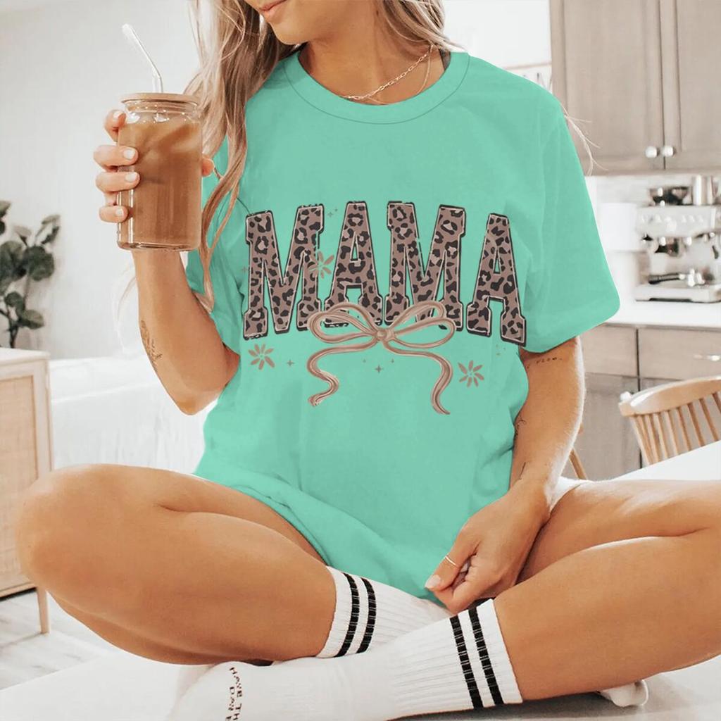 Coquette Bow Leopard Print Mama T Shirt Short Sleeve Womens Mom Life Shirt Casual Vintage Western Style Mama Tshirts